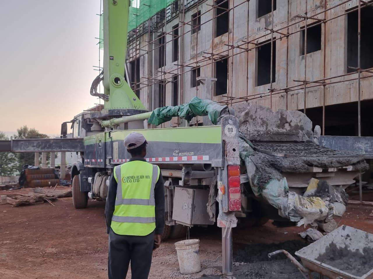 A glimpse of our ready-mix concrete in action, showing operations from mixing to delivery on site.